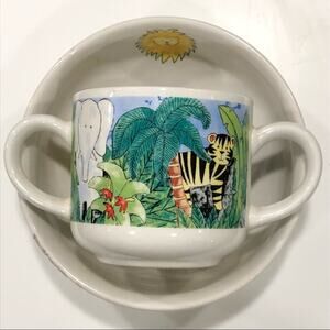 RETRONEU Everyday JUNGLE KIDS 2 Pc Stoneware Dining Set Double Handle Mug + Bowl